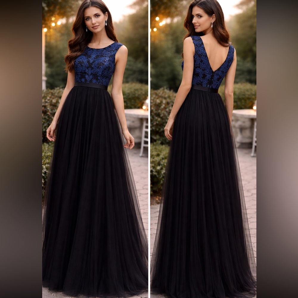 Aidan Mattox Navy Lace Bodice sleeveless Black Tulle Maxi Gown